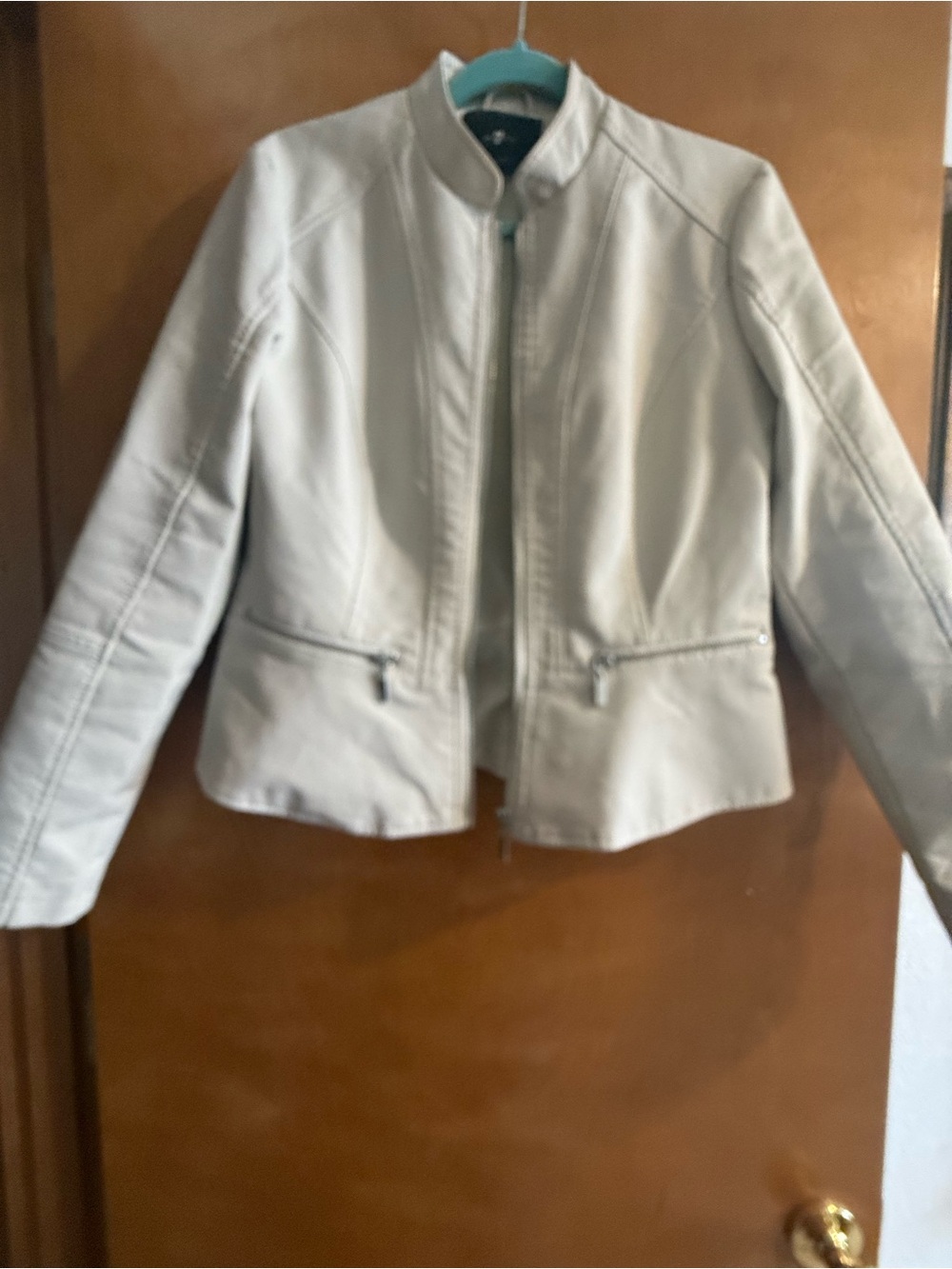 Women's off white Zip-Front Faux Leather Jacket